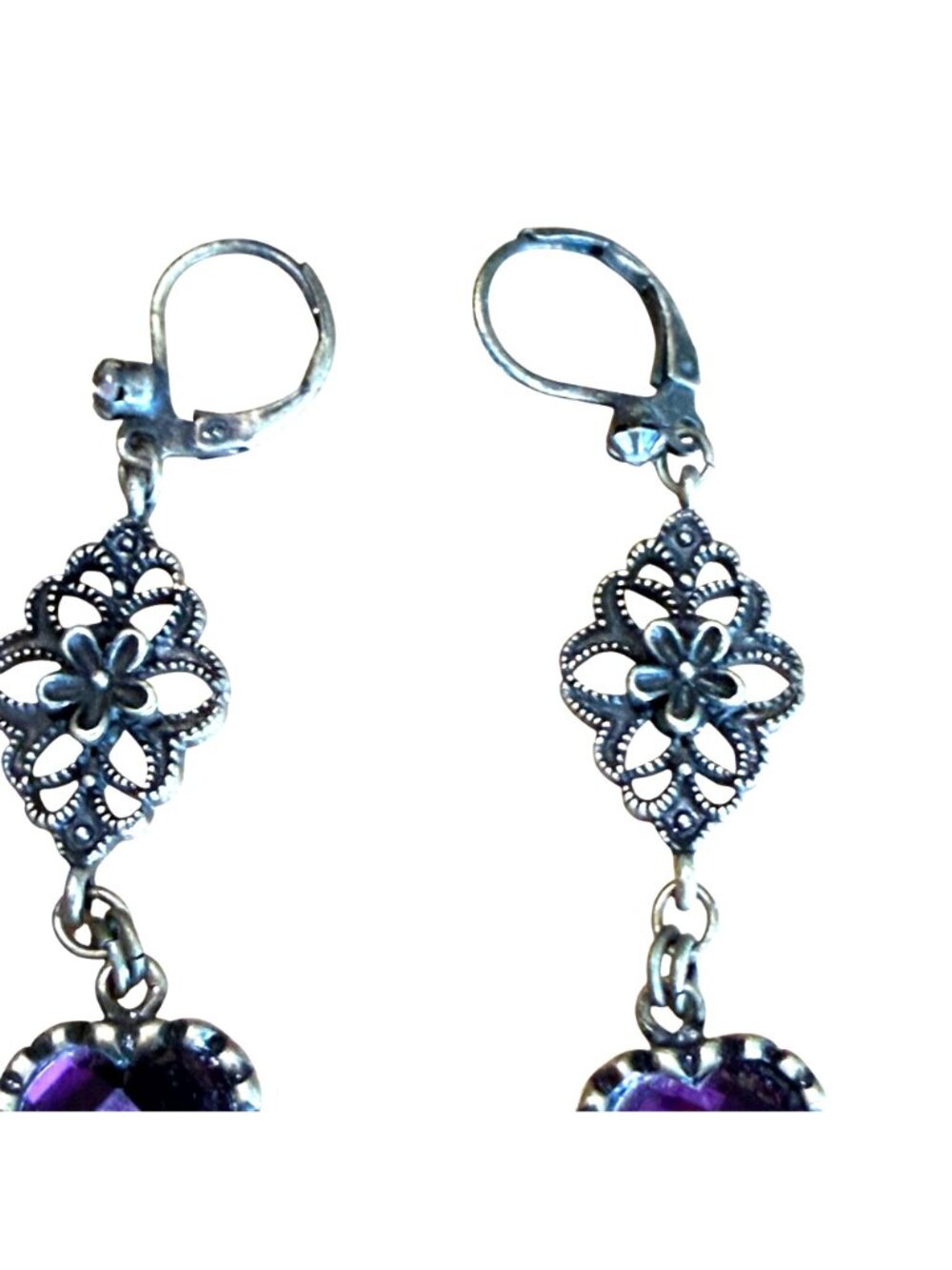 Vintage Dangle Heart Earrings Purple Crystal Floral Filigree Design Bronze Tone - Picture 3 of 5